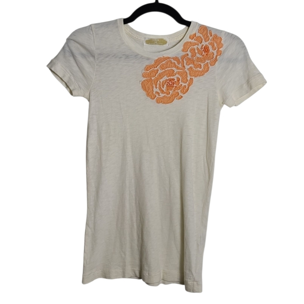 J. CREW Cream Tee with Orange Floral Embroidery Short Sleeve 100% Cotton Size XS